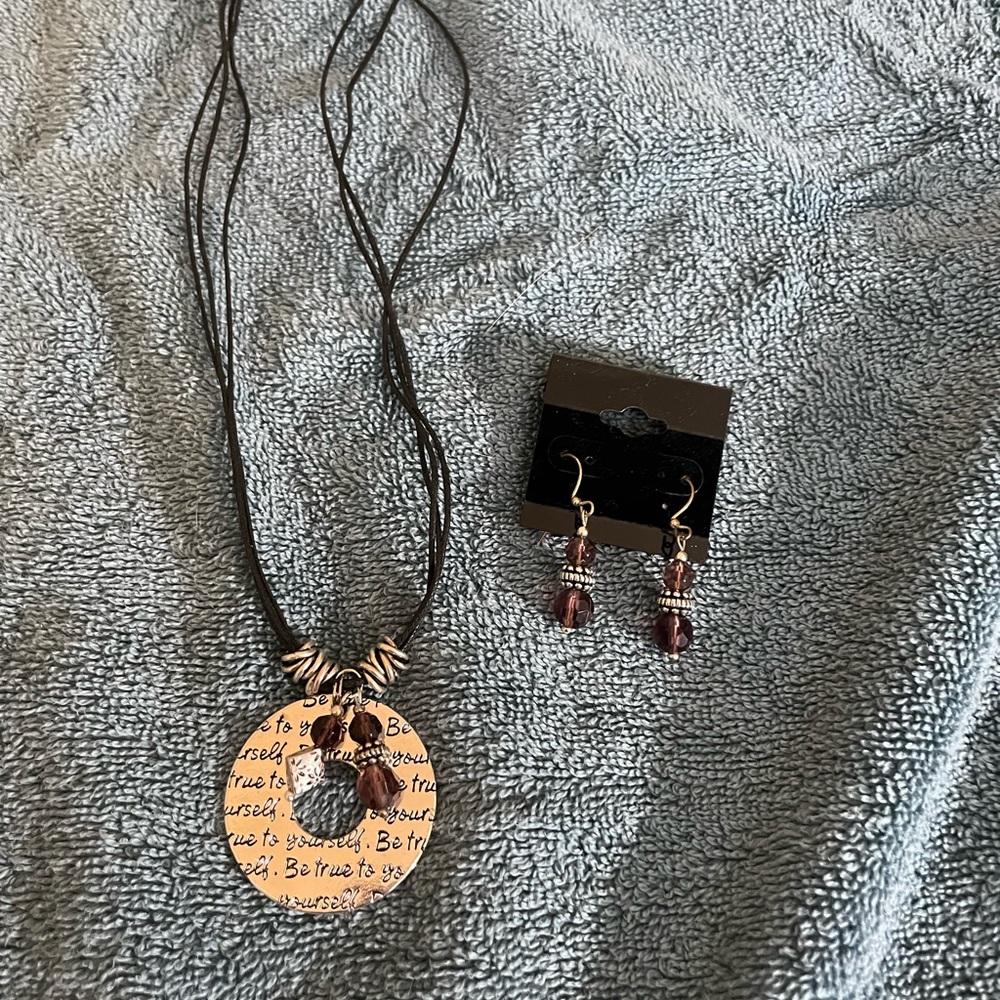 Be True Script Pendant Necklace and Brown Bead Earrings Set